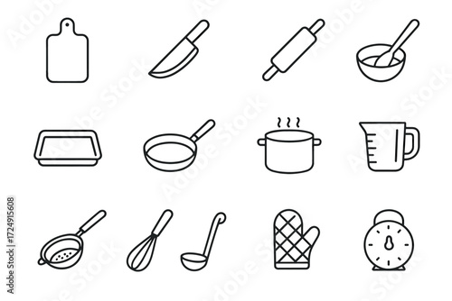 Set of cooking utensils icons: cutting board, knife, rolling pin, whisk