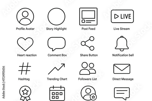 Social media interface icons: profile, feed, live, reactions, messaging tools