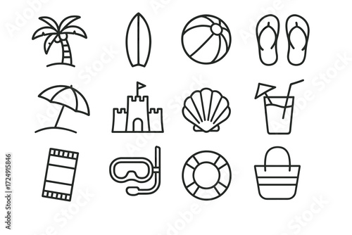 Beach essentials: icons of summer with palm, surfboard, and shells