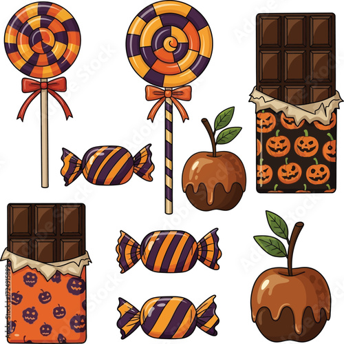 Halloween Treats Lollipops, Candy, Chocolate, and Caramel Apples