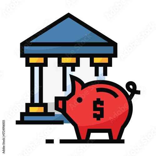 Stylized bank building with a red piggy bank in front