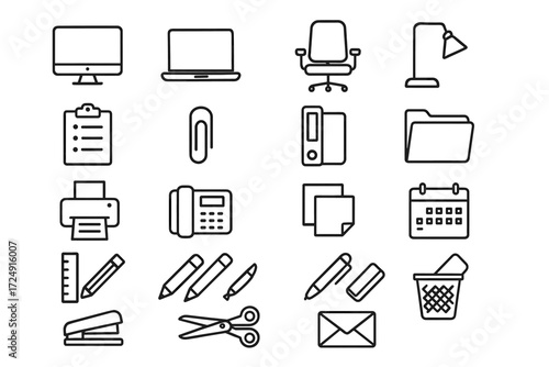 Office icon set: computer, chair, lamp, printer, scissors, paperclip, stationery, calendar