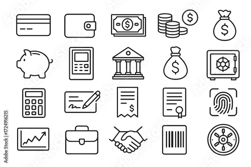 Finance and banking icons: diverse symbols for money management and transactions