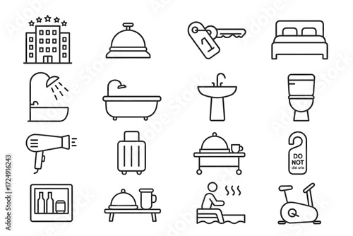 Hotel amenities line icons set with bell, bed, shower, and more