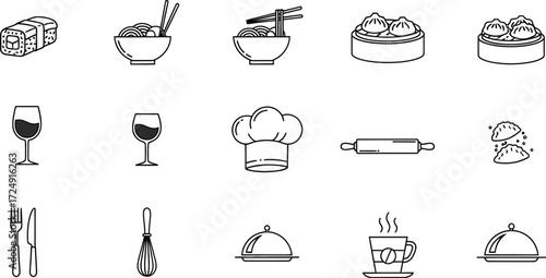 Food and cooking icons set collection of vector silhouettes of sushi, noodle, wine, chef hat, rolling pin, and dish