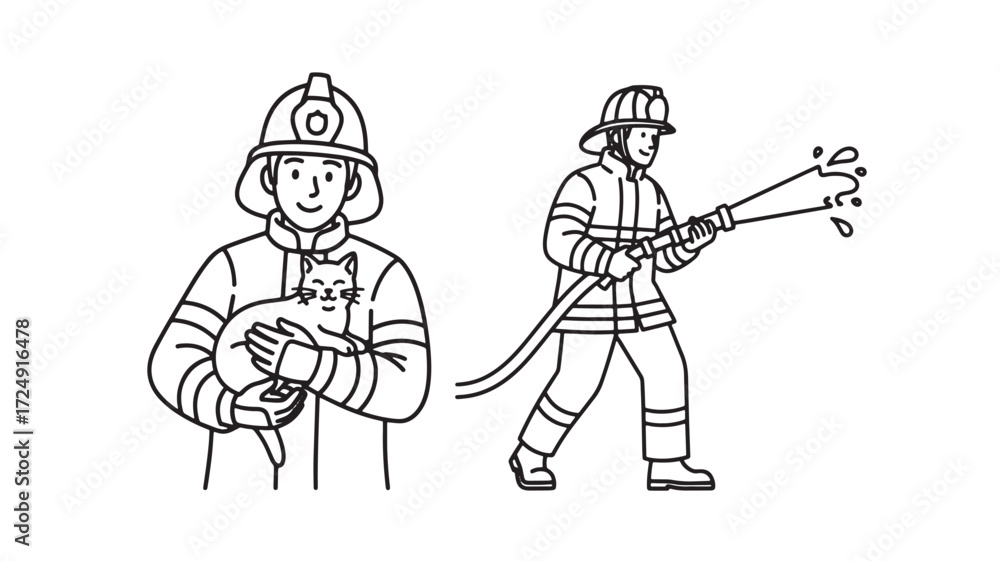Fototapeta premium Two Firefighters Line Art Illustration Pet rescue and firehose Vector 