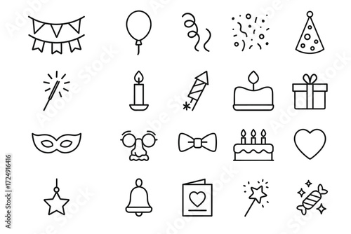 Celebration icons: balloons, cake, gifts, and party elements in line art
