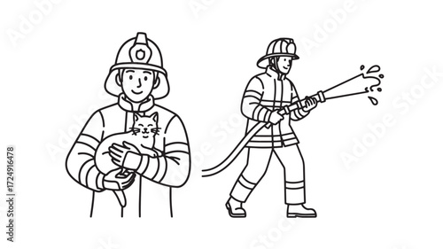 Two Firefighters Line Art Illustration Pet rescue and firehose Vector 