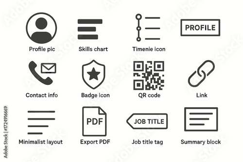 Minimalist icon set for profiles and documents with diverse functional elements