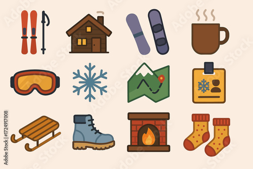 Winter sports and cozy cabin icons: skiing, snowboarding, and relaxation essentials