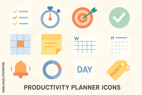 Productivity planner icons set with stopwatch, checklist, bell, and target