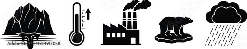 Global warming and climate change causes and effects melting glacier, thermometer, factory, polar bear, rain