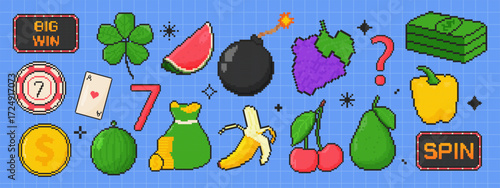 8 bit gambling icon set. Pixel art object. Retro 80s,90s video game graphics. Clover, coins, playing card, fruits, bomb.