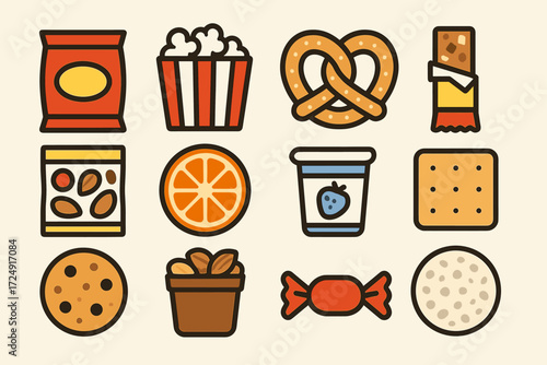 Assorted snack icons: popcorn, pretzel, granola, nuts, candy, cookie, yogurt, biscuit, rice cake