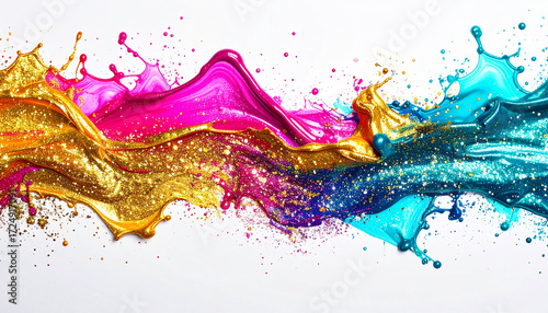 A dynamic composition of swirling paint in gold, pink, and turquoise, creating a sense of movement and energy with glitter.