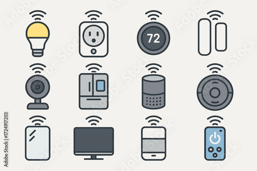 Smart home devices icons: light bulb, thermostat, camera, speaker, remote