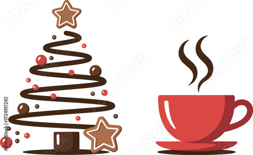 A christmas tree made of chocolate and a red cup of hot beverage art