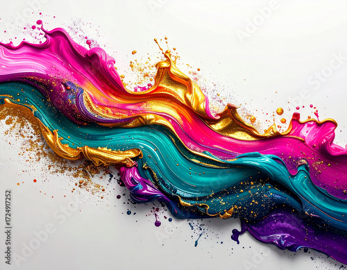 Vibrant abstract artwork featuring flowing paint in shades of teal, pink, purple, and gold. The dynamic composition creates a sense of movement and energy.