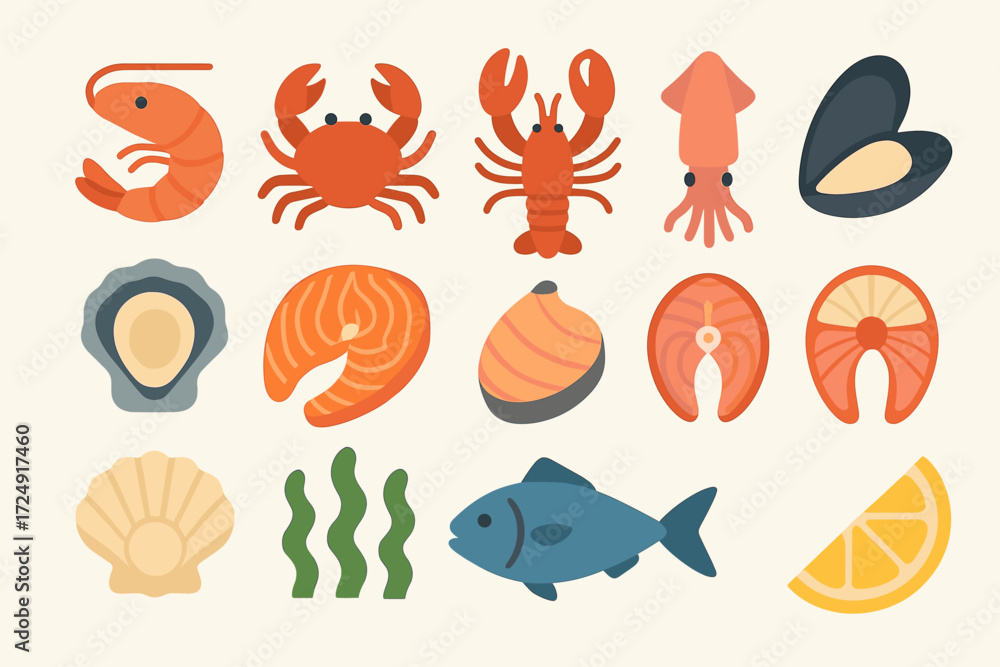 Obraz premium Colorful seafood icons featuring fish, shellfish, and seaweed