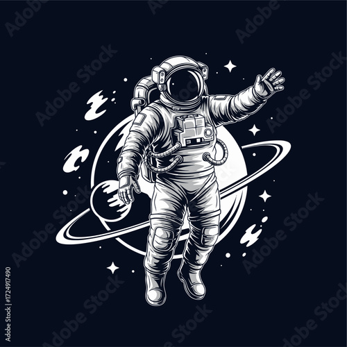 A black and white illustration of an astronaut in a spacesuit waving while floating in outer space with a ringed planet and stars.