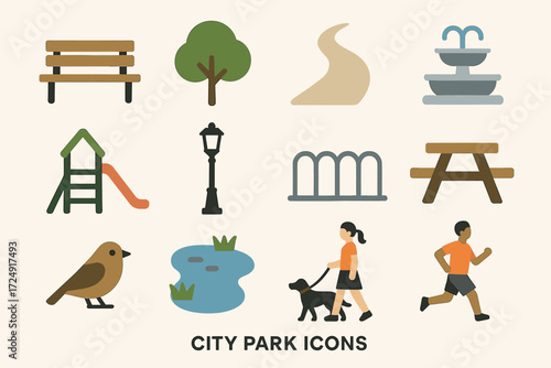 City park icons: bench, tree, pathway, fountain, playground, lamp, fence, picnic table, bird, pond, walking dog, running