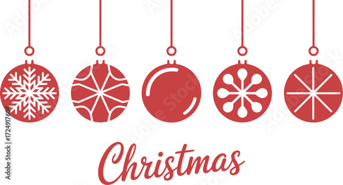 Red christmas ornaments hanging above the word christmas on white backdrop