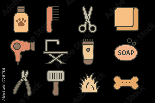 Pet grooming essentials: comb, scissors, clippers, soap, brush, drying tools