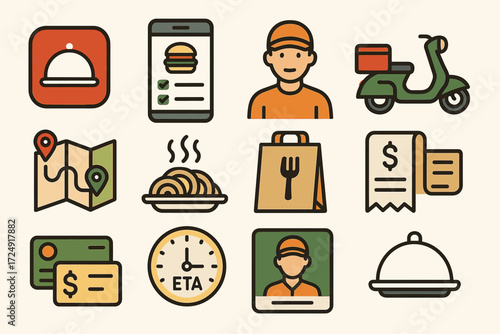 Food delivery icons: app, map, scooter, meal, payment, eta, courier
