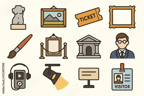 Museum icon set: artifacts, tickets, audio guide, and visitor badge