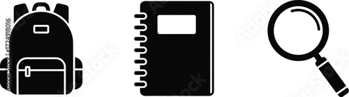 Back to school concept with backpack, notebook and magnifying glass education and learning supplies icon set