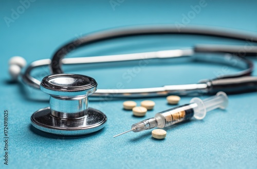 Stethoscope, injection needle with fluid, and pills laid on a light blue background. Focused on healthcare, illness and treatment