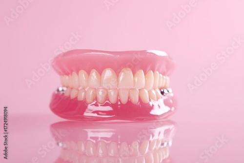 False teeth on a pink backdrop. Dentures reflecting on surface, showcasing teeth with pink gums and silver attachments