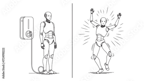 Two robots charging and dancing Line art illustration Simple design Ve