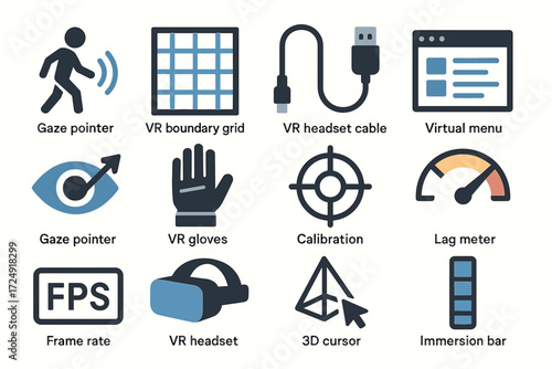 Virtual reality icons: gaze pointer, vr gloves, headset cable, calibration, and more