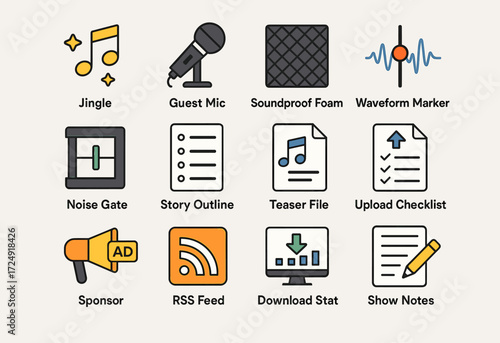 Podcasting essentials icons: jingle, mic, soundproof foam, waveform, noise gate, story outline