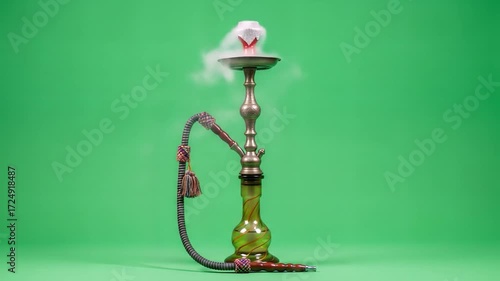 Ornate hookah with smoke rising from the bowl against a green screen background.