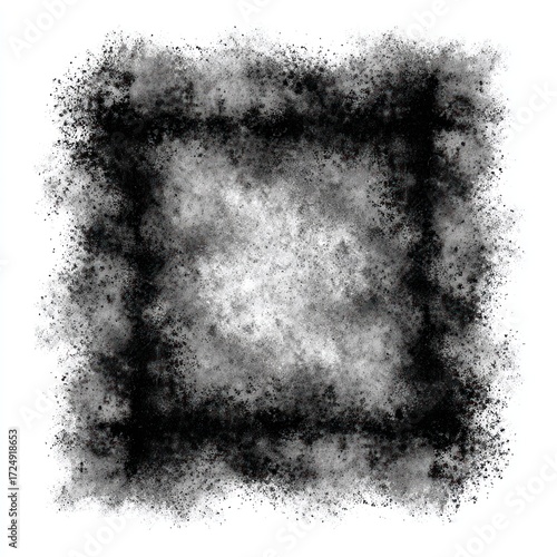 Square smoke frame, blurred and ashy, white center, grainy texture, black and white, for graphic design with a gritty, textured effect