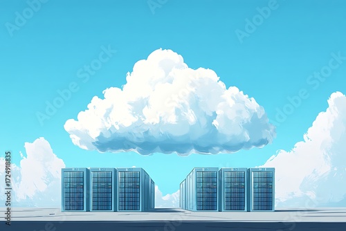 A cloud hovers over two rows of shipping containers in a surreal digital landscape 4k
