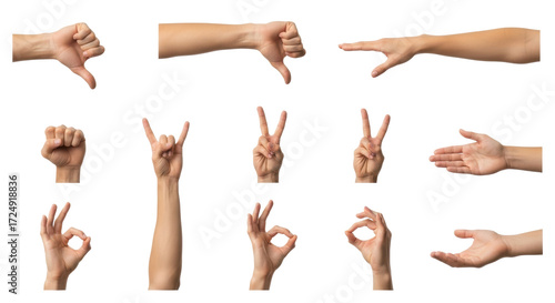 Multiple isolated light-skinned human forearms and hands performing diverse communicative gestures against a transparent studio background with ample copy space, razor-sharp focus. Concept of symbolic