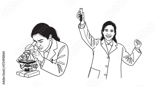 Two female scientists lab research microscope test tube success Vector