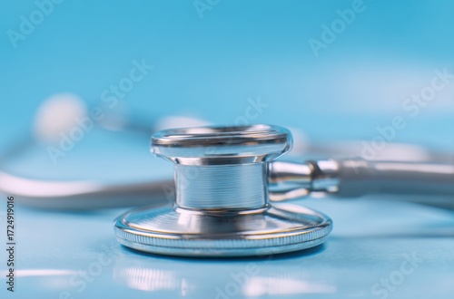 Close-up of a metallic stethoscope head on a smooth, pale-blue surface, suggesting medicine, healthcare, or medical diagnosis, shallow depth