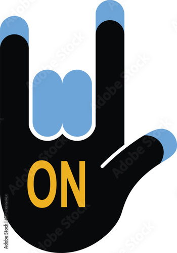 Black hand with blue fingernails forming rock on gesture with yellow text ON hand gesture
