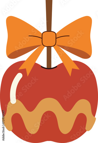 Red candy apple with orange bow and caramel drizzle red apple