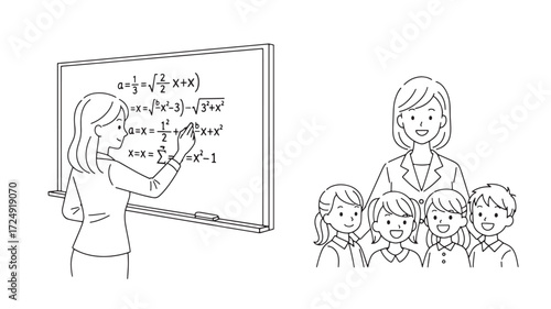 Teacher teaching math equations on board Elementary school teacher kid