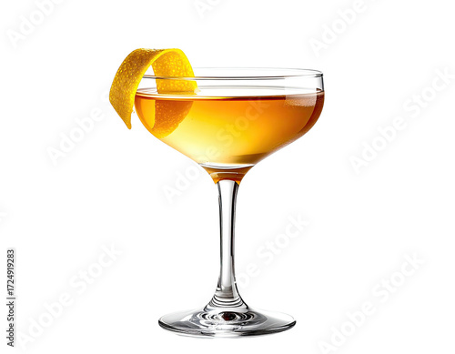 Golden cocktail in a coupe glass, garnished with orange peel