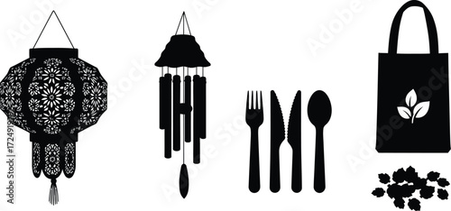 Silhouette of a lantern, wind chime, cutlery, and tote bag, representing a blend of cultural and sustainable elements