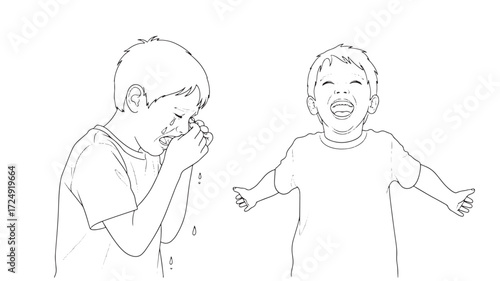 Two Boys Crying and Laughing Line art illustration Black and white Sim