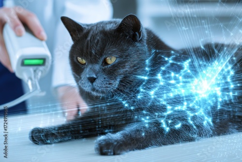 Grey cat receiving laser therapy; blue glowing network overlayed. Doctor holds device, light meter visible. Desk is light grey