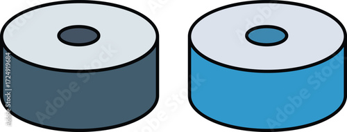 Two stylized cylindrical objects with central holes and colored bases cylinder icon