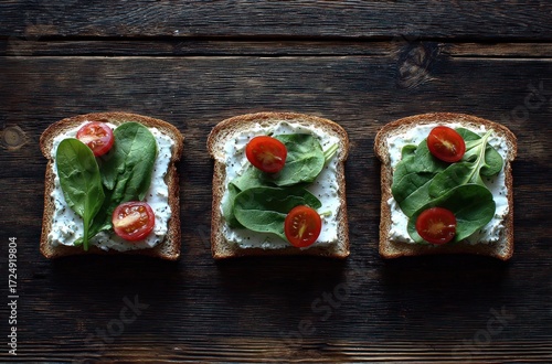 Three rustic open-faced sandwiches on dark wood creamy base, spinach leaves, and halved cherry tomatoes on whole-grain bread